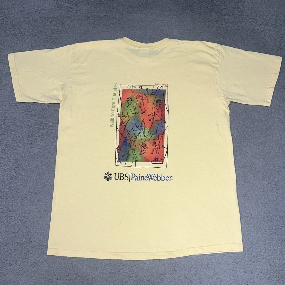 VTG UBS PaineWebber x Walk to Cure T Shirt Men's Sz L Yellow 2-Sided Tee Y2K